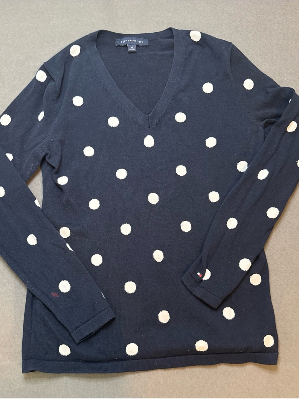 Tommy Hilfiger Women's Navy & White Polka Dot Sweater V-Neck 100% Cotton Small